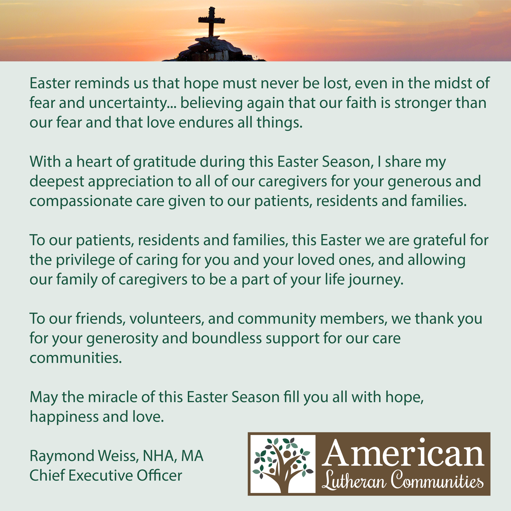 Easter Message From Our Ceo Raymond Weiss